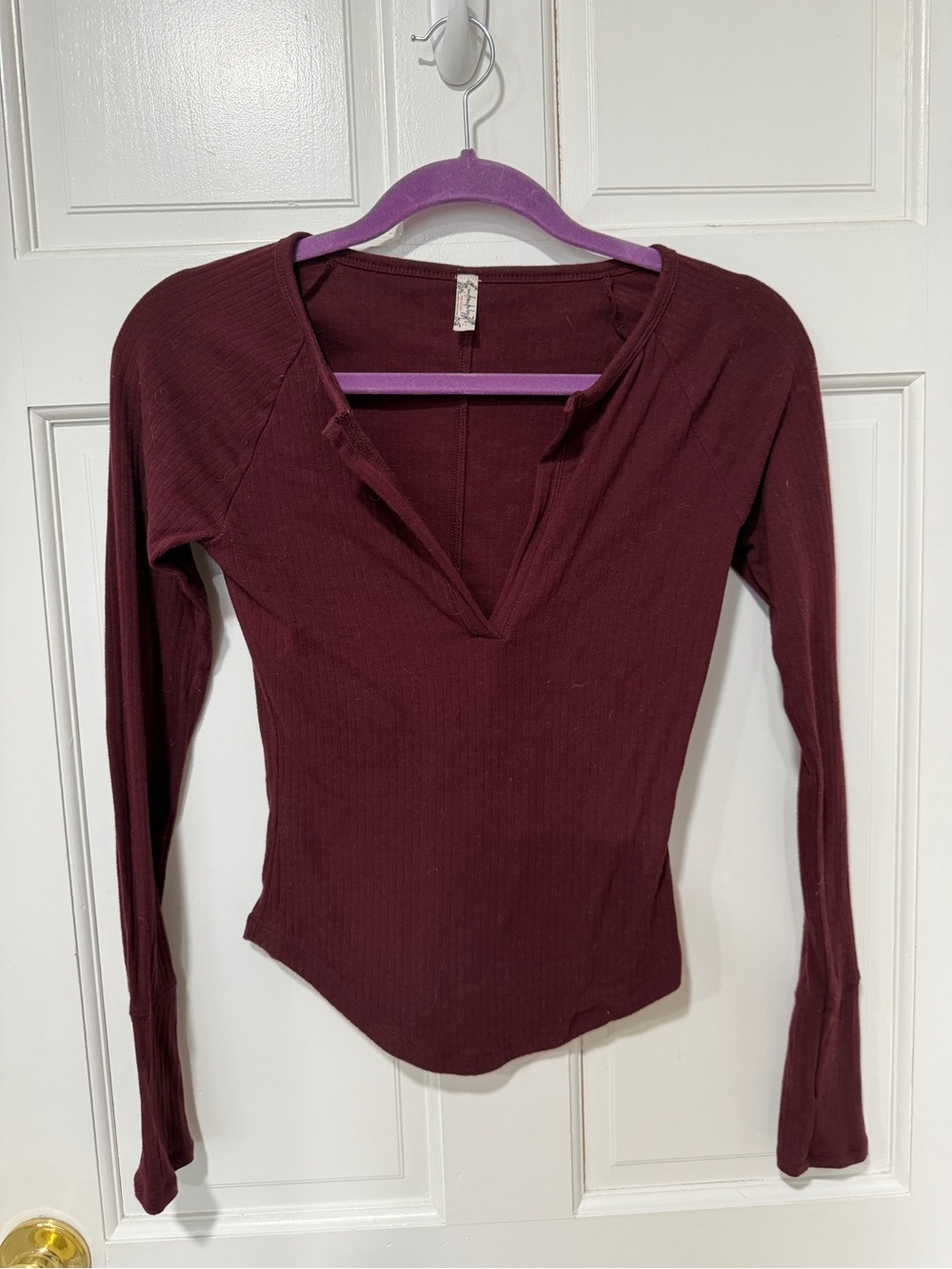 Free People Ribbed Long Sleeve Billie Split Neck Top in Burgundy